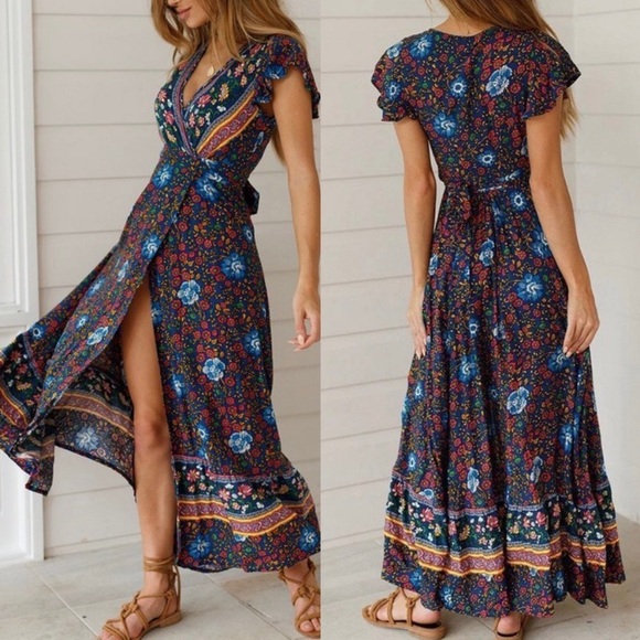 Navy Boho Floral Maxi Dress | Boutique - Picture 4 of 8